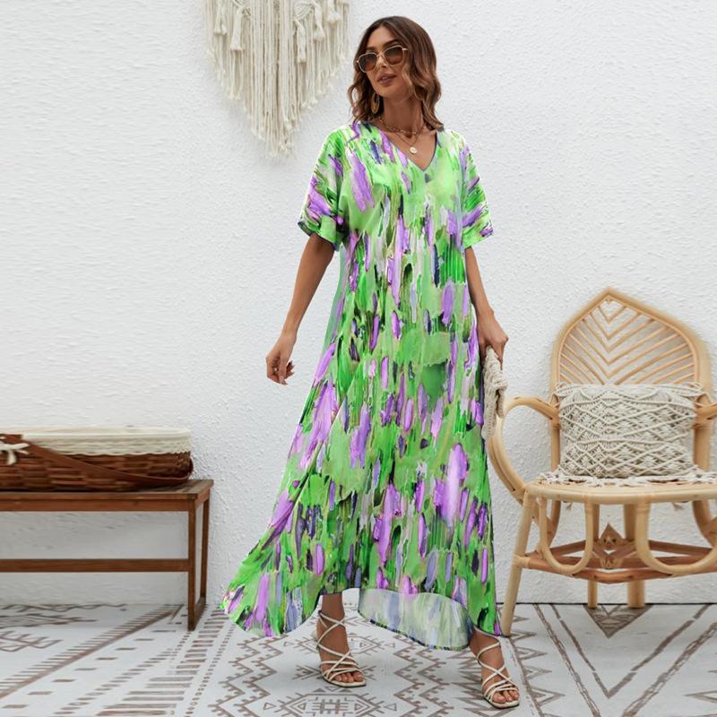 Summer New Elegant Long Dress V-Neck Printing High Waist Loose Swing Short Sleeve Dress Women