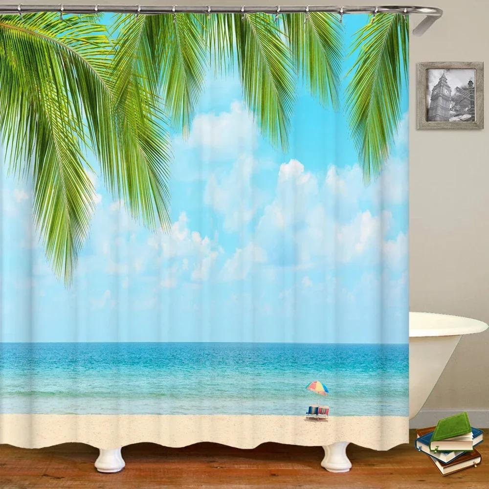 Waterproof Shower Curtain Various Sunshine Beach Scenery Seaside 3D Printing Shower Curtain Polyester Home Decor Curtain