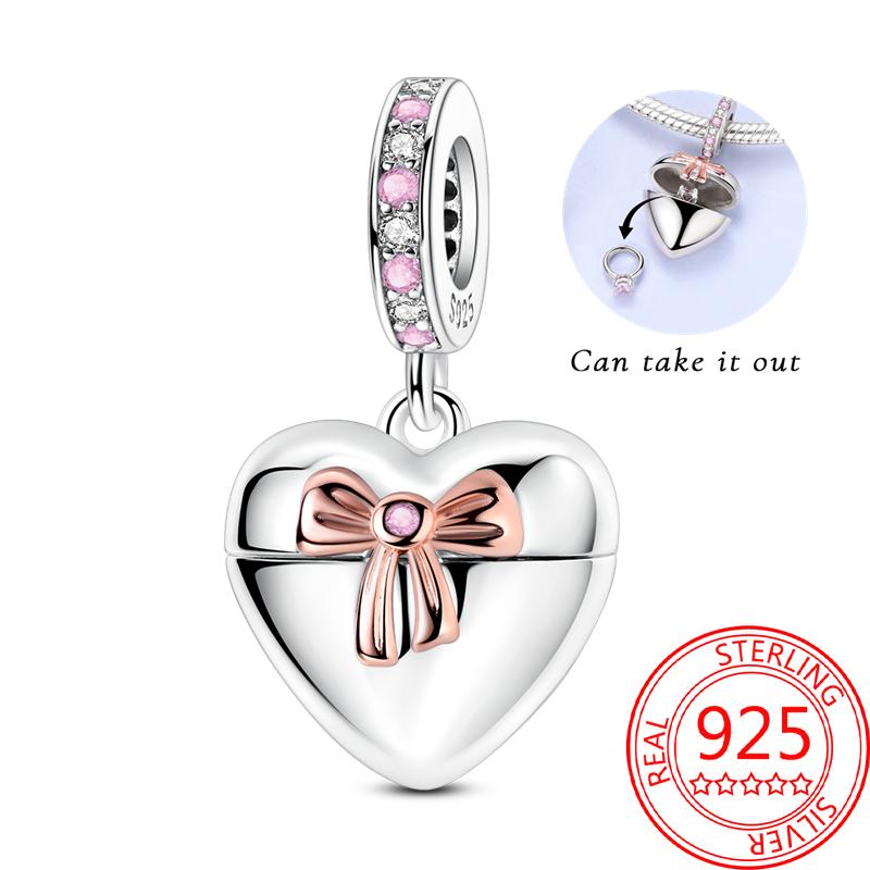 copper Sparkling Pink Heart Charm Pendant Bead Charms Compatible With Authentic Bracelets for Women Valentine Day Jewellery Gifts