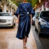 Women's Satin Slip Dress with Ruffle Sleeves, Side Slit, and Silver Brooch Detail, Elegant Evening Gown