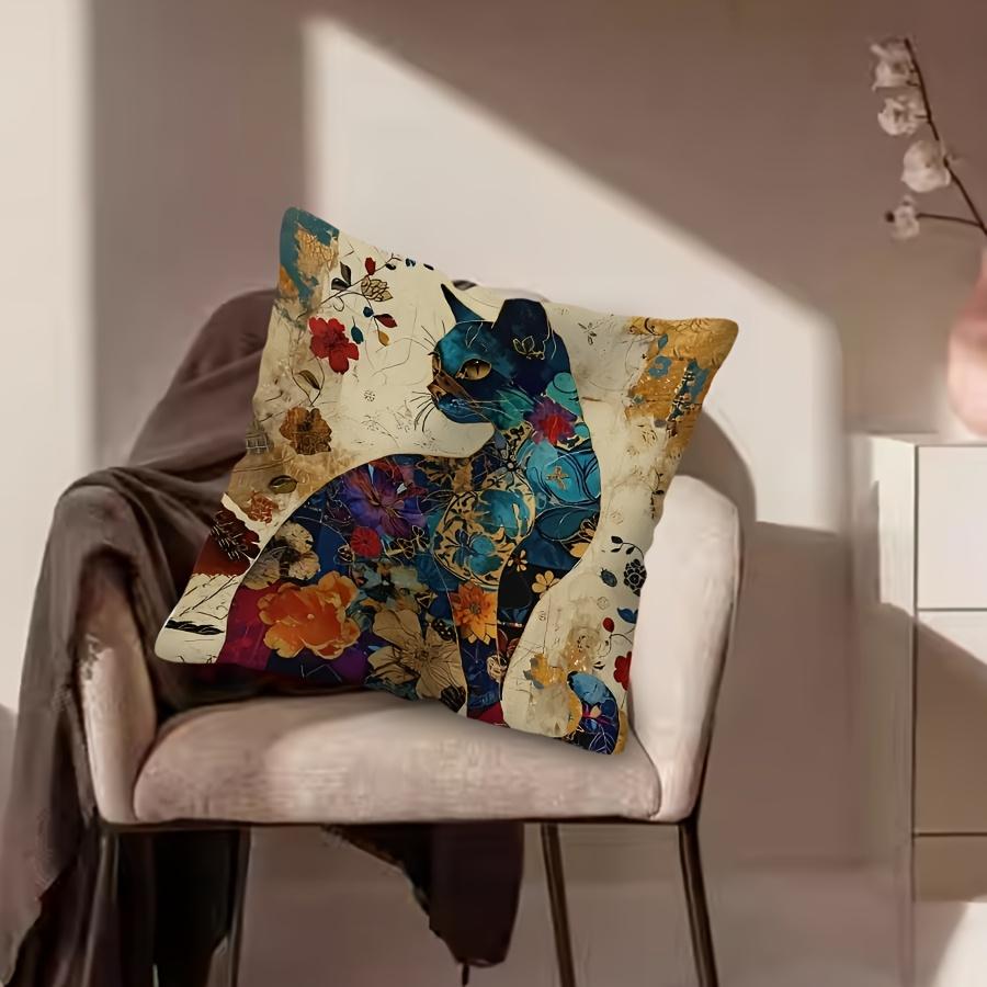 Double Sided Boho Floral Cat Pillow Cover Vintage Abstract Art Cat Print Soft Throw Pillow Case For Cat Lover Home Decor Gift