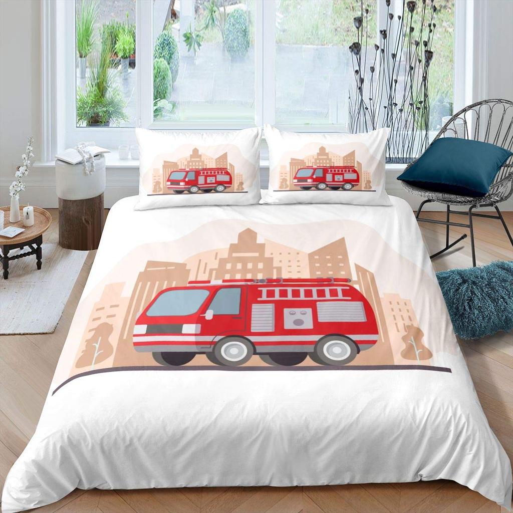 Firefighter Truck Duvet Cover Set Kids Firemen Car Vehicle Bedding Set For Boys Fire Engine Pattern King Size Comforter Cover