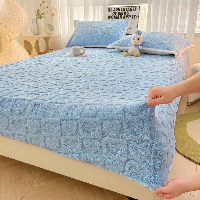 3PC(1XSheet+1XPillowcase)Winter Warm Fitted Bed Sheet Taff Velvet Fleece Bed Linen Single/Double/King/Queen Size Plush Mattress Cover Thick Bed Cover
