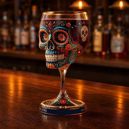 Gootiline kolju veiniklaas, Käsitsi maalitud kolju joogiklaas, Surijate päev (Día de Muertos) kaunistus, Unikaalne baarikink Halloweeni jaoks