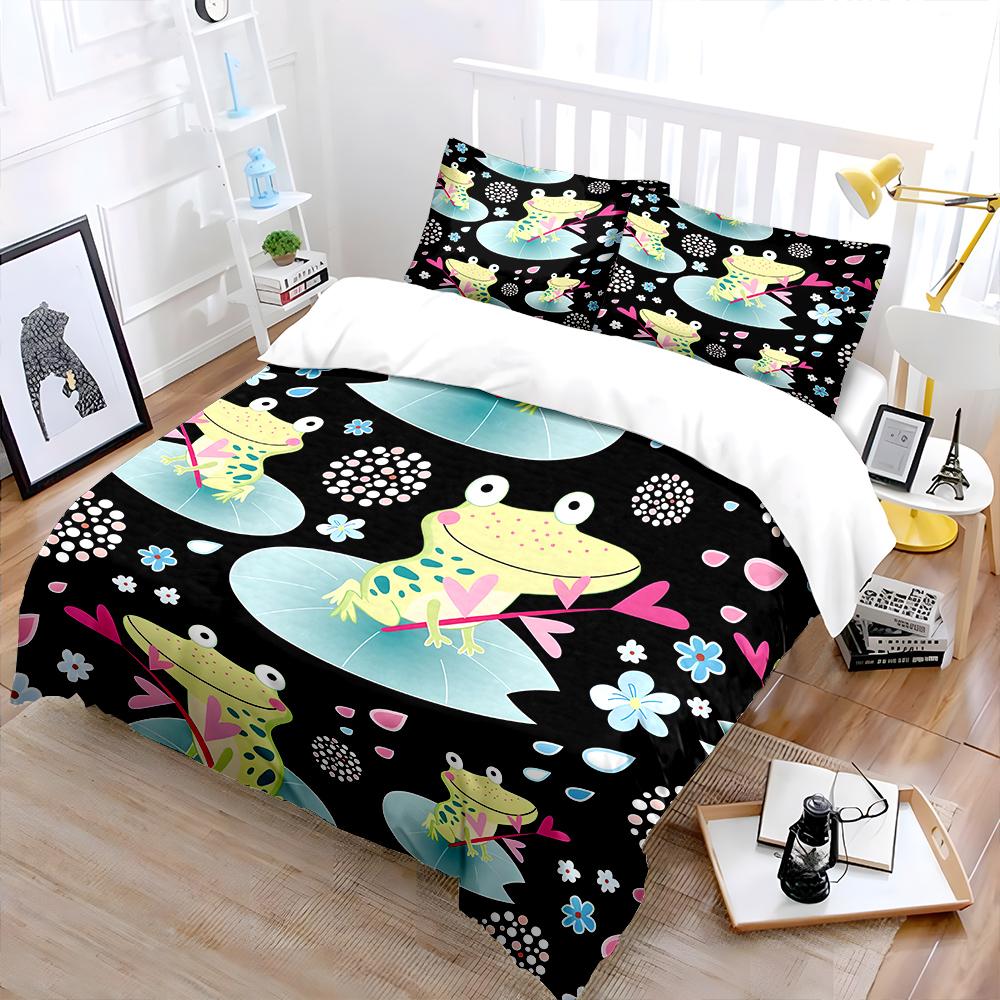 Cartoon Frogs On Lily Pads Bedding Set for Kids Luxury Gift 3pcs Digital Print Comforter Set Soft Comfortable Breathable