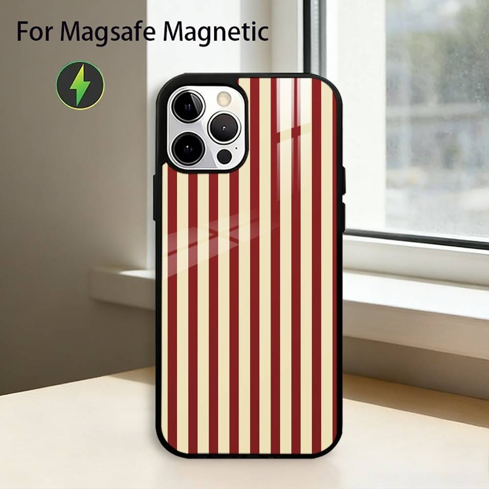 Burgundy White S-Stripe Phone Case For iPhone17,16,15,14,13,12,11 Plus,Pro Magnetic For Magsafe Wireless Charging