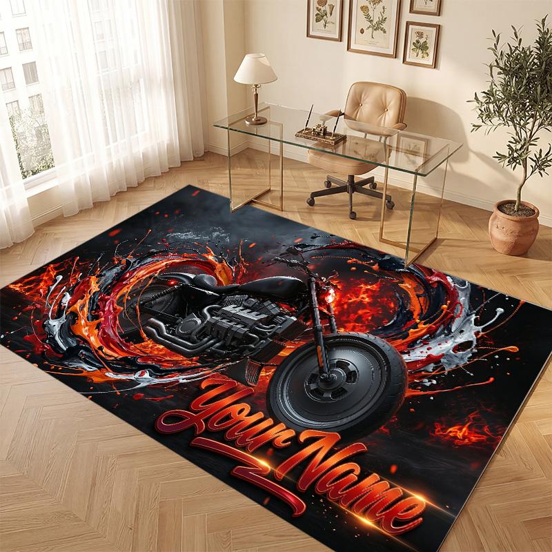 Motorrad Biker Thema Weicher Kristall Samt Teppich Benutzerdefinierter Name & Text Druck Rutschfester Boden Teppich für Schlafzimmer Wohnzimmer