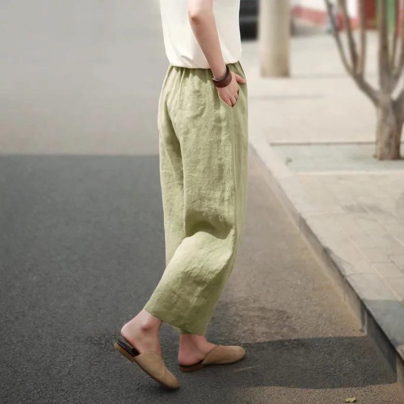 Women's Summer Solid Color Thin Section Haren Wide-leg Pants Literary Loose Leisure Straight Nine-minute Pants