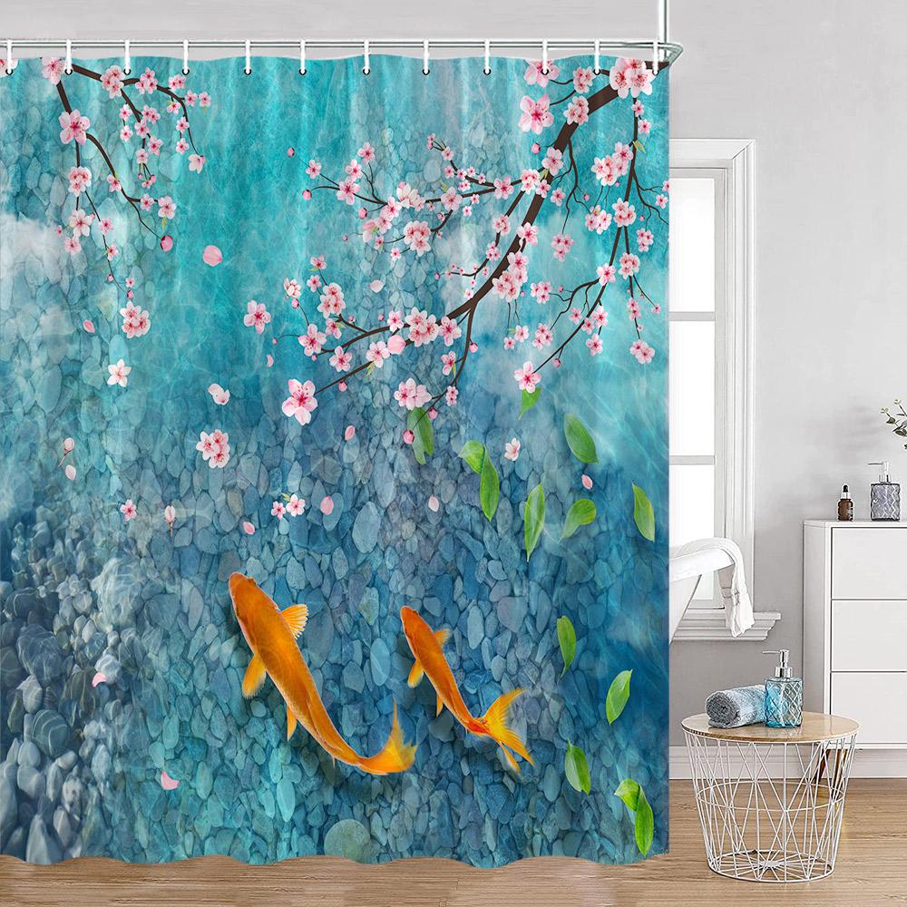 Pink Flowers Koi Carp Shower Curtains Cherry Blossom Pond Watercolor Floral Bathroom Decoration Polyester Fabric Bathtub Curtain
