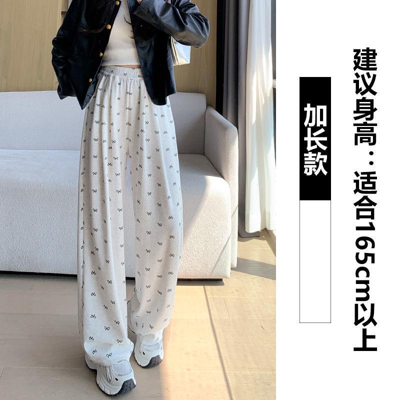 Grey bow sweatpants women's spring and autumn new high-waisted straight lazy wind small drape wide-leg pants