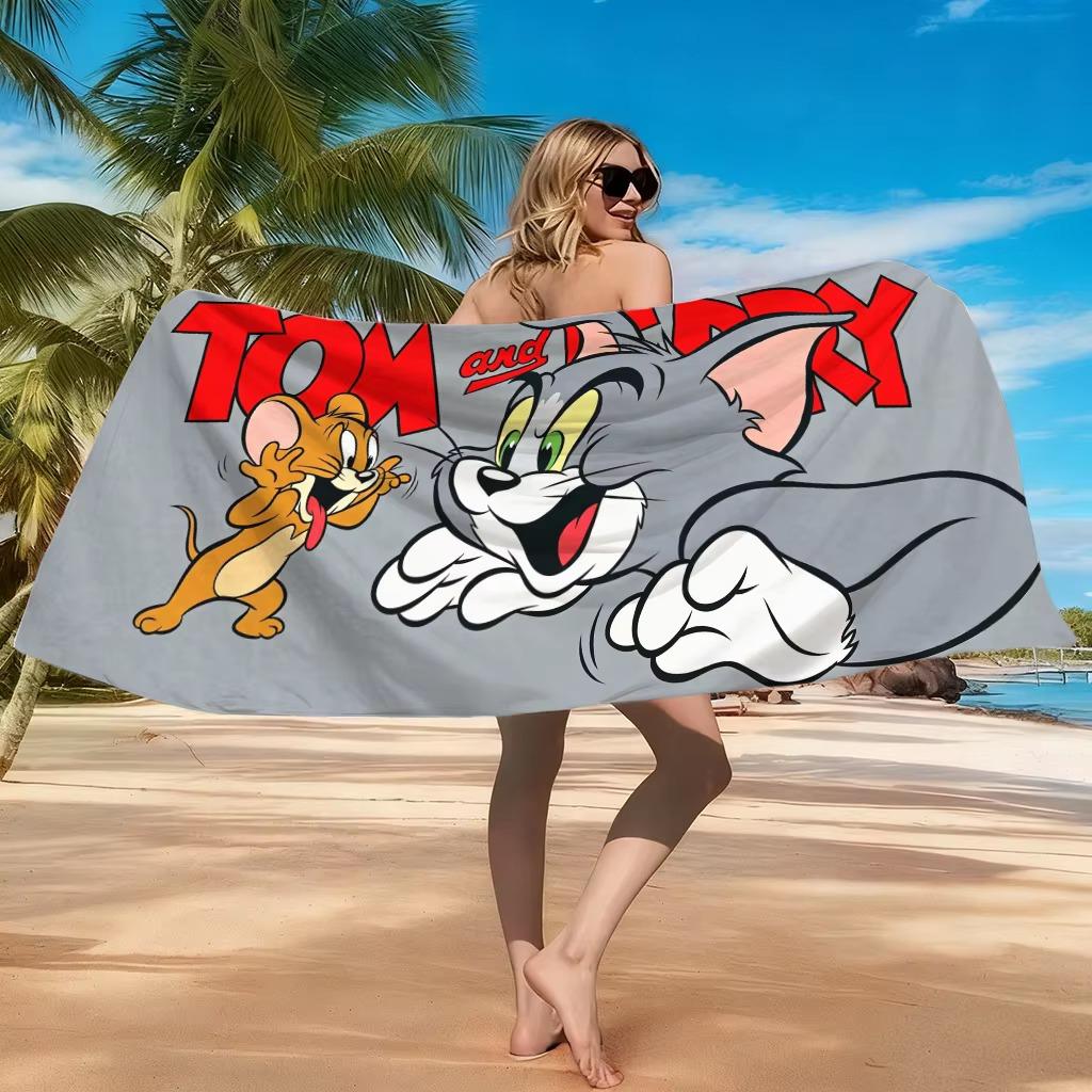 Tom and Jerry Cartoon Flat Print Beach Towel Soft Microfiber Absorbent Bath Towel for Beach Pool Camping Swimming Travel Gift
