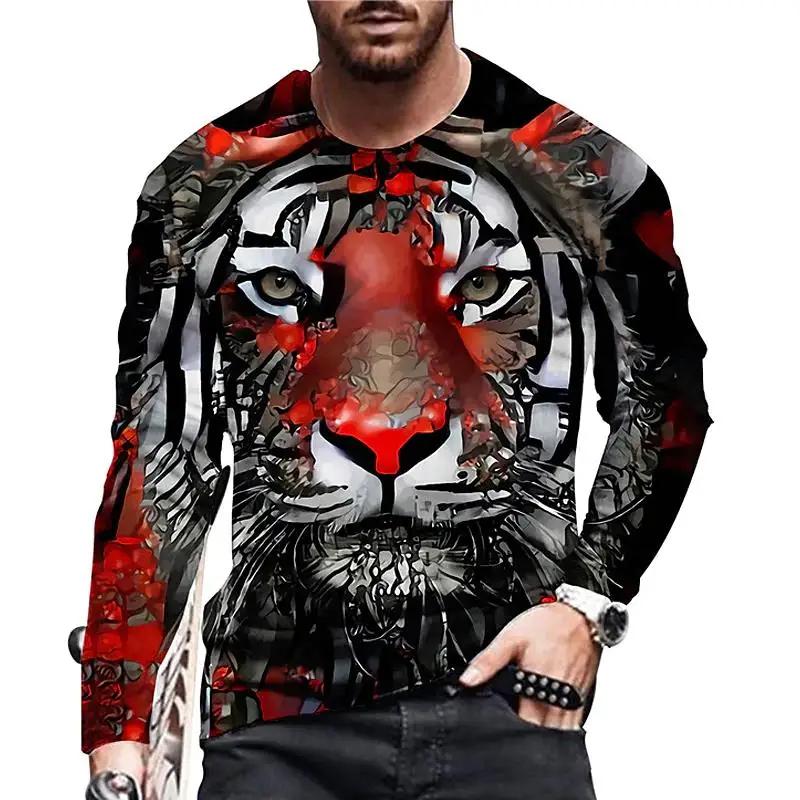 Vintage Print T-shirt 3d Tiger&lion Shirt Animal Long Sleeve Loose O- Neck Summer Animal Tops Oversized 5xl Men's Clothes