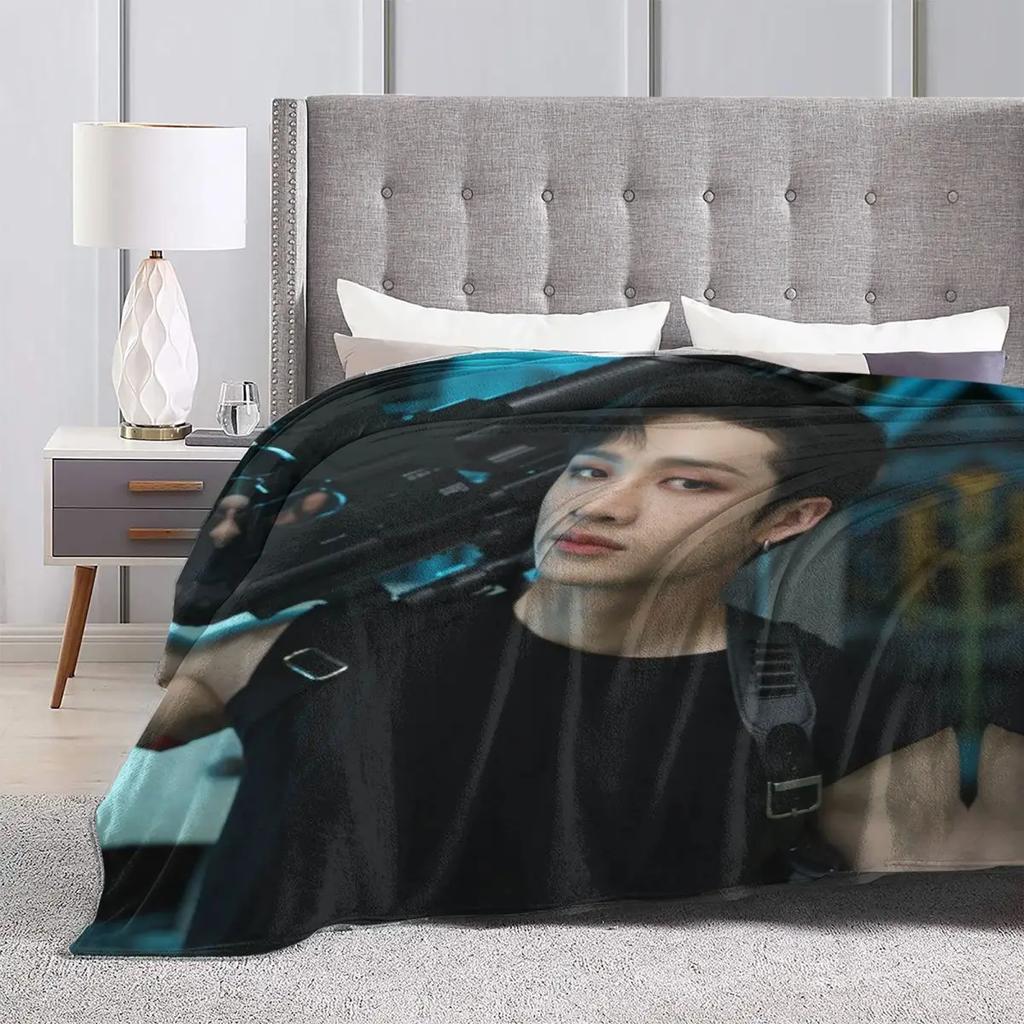 Bang Chan Flannel Blanket Cool Boy Gun Warm Soft Throw Blanket for Living Room Airplane Travel Funny Bedspread Sofa Bed Cover