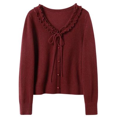 Sancai Women's 2026 Winter Ruffle V-Neck Pullover Sweater