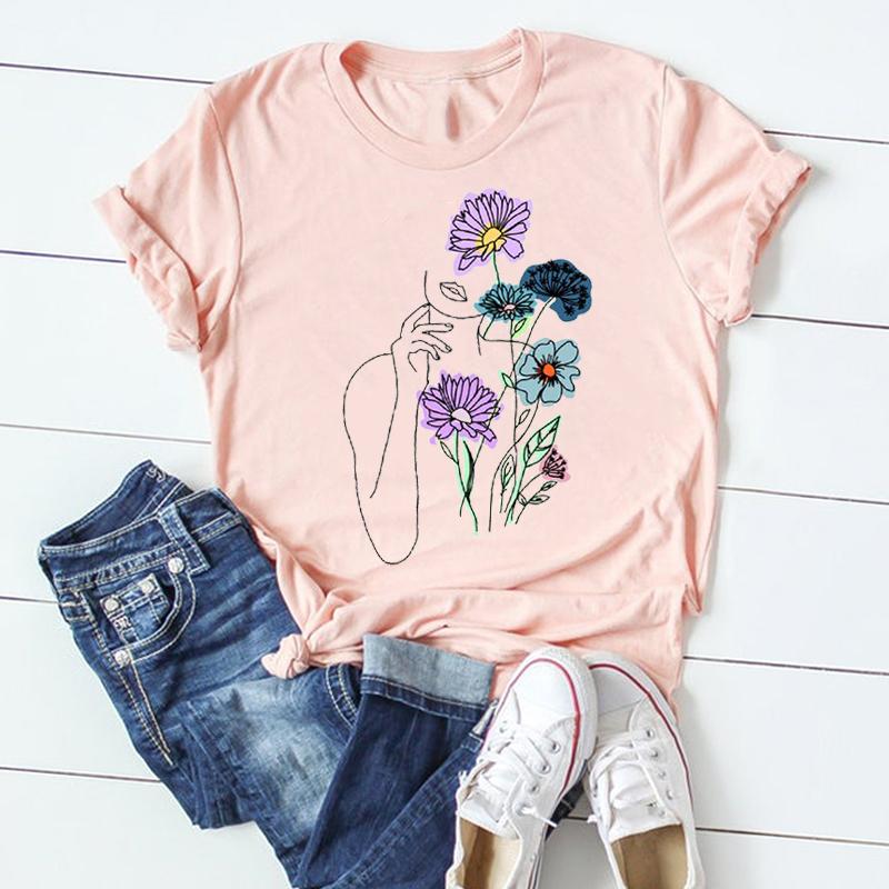 (Asian Size) Women Plant Lovely Flower Trend Cute Short Sleeve Print Tee Top Tshirt  Lady Female Clothing Summer Fashion Casual Graphic T-shirt