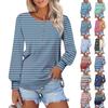 Women's Long Sleeve Round Neck T-Shirts Striped Print Puff Sleeve Shirts Button Blouses Tops