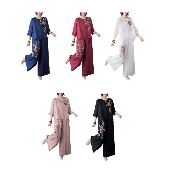 Women's 2 Piece Outfits 3/4 Sleeve Vintage Embroidered Shirts Wide Leg Pants Set Summer Cotton Linen Casual Matching Set