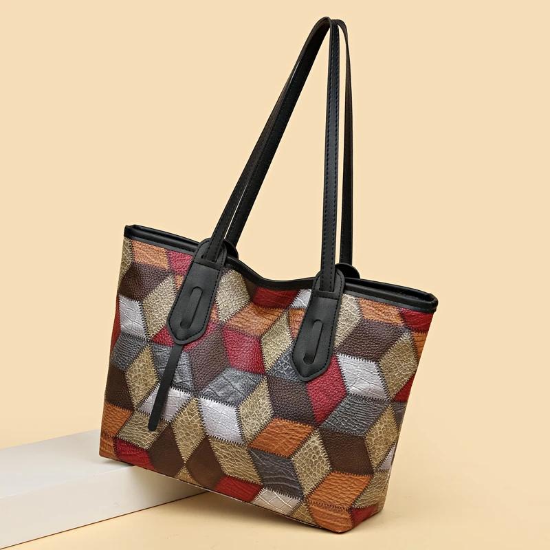 Hot Selling Casual Trend PU Splicing Large Capacity Crossbody Bag Fashion Youth Design Tote Bag Retro Elegant Women's Handbag