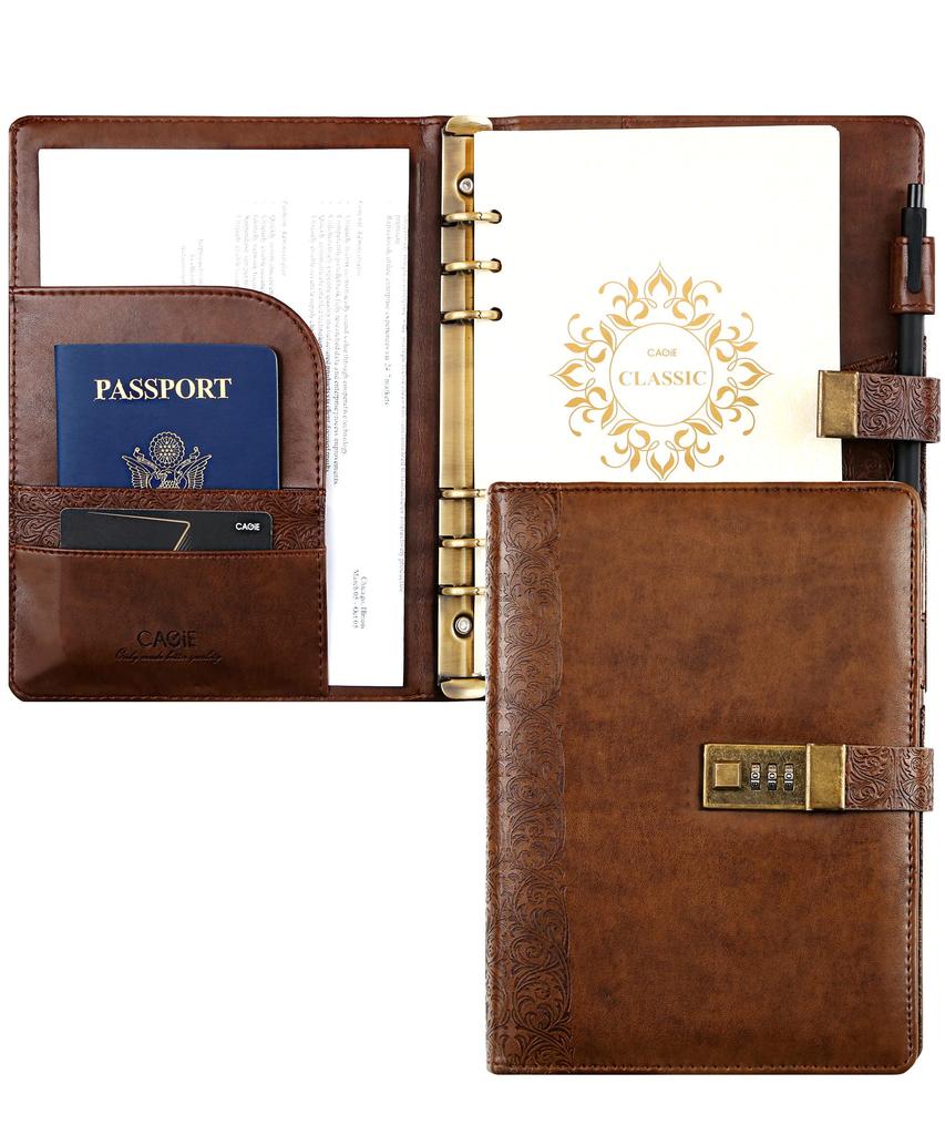 CAGIE System Planner A5 Lockable Notebook Antique Diary with Business Card for PU 230 X Brown Lock, Loose-leaf, 6-ring Ring, Diary, Holder, School,