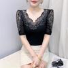 Tricou de vară nou de lux strălucitor cu diamante fierbinți pentru femei, cu broderie cu flori, elegant cu decolteu în V, cu aplicații de dantelă, topuri cu mâneci medii transparente pentru femei