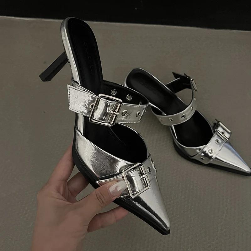 Punk Metal Buckle High Heels Shoes for Women Sexy Pointed Toe Stiletto Heel Sandals Woman Summer Fashion Party Silver Pumps
