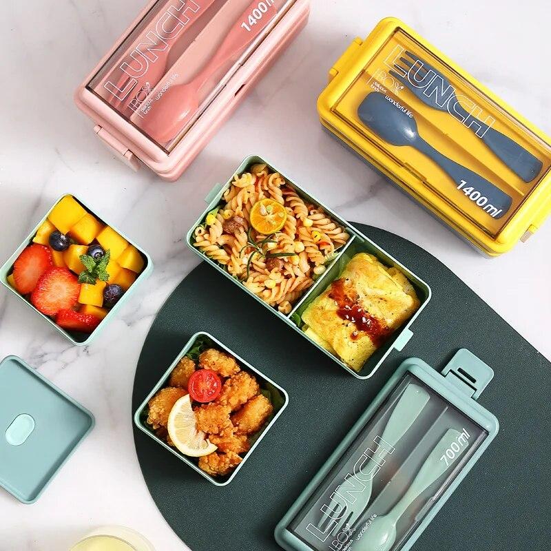 Portable Bento Box, 2-layers 1400ML Sealed Insulated Microwaveable Lunch Box, Food Storage Tableware Outdoor Home Kitchen