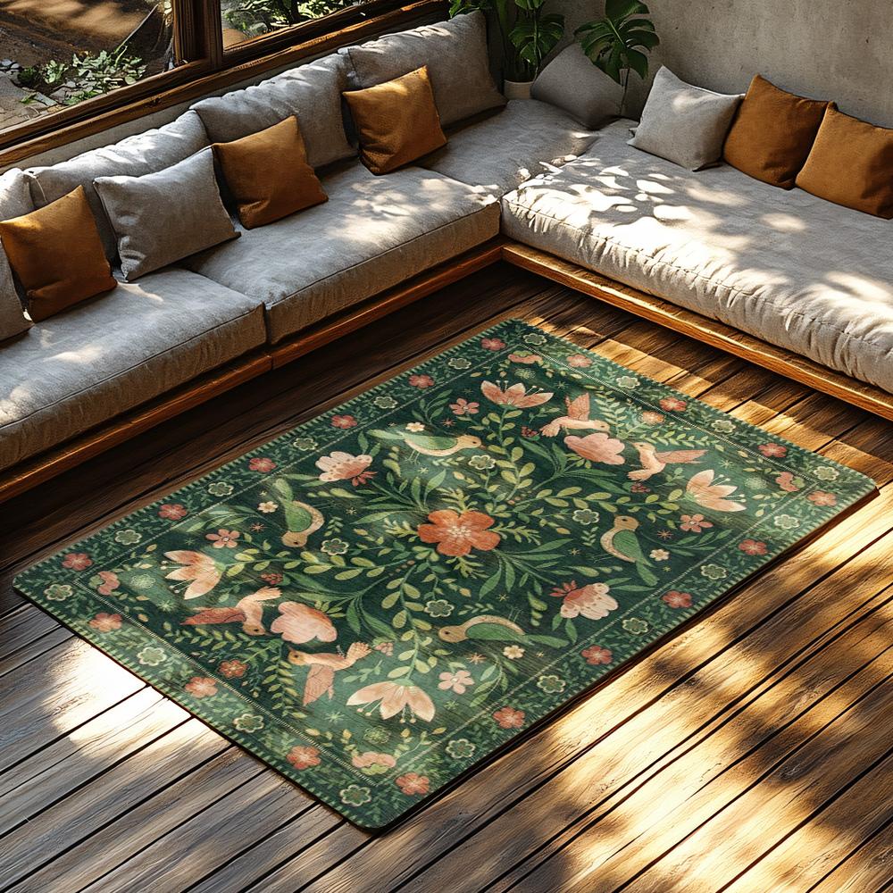 Dunkelgrüner Teppich mit Blumen- und Vogelmuster, Teppich im Bohemian-Gartenmuster, rutschfest, mit rosa Akzent, Wohnzimmer-Matte für Natur-Heimdekoration