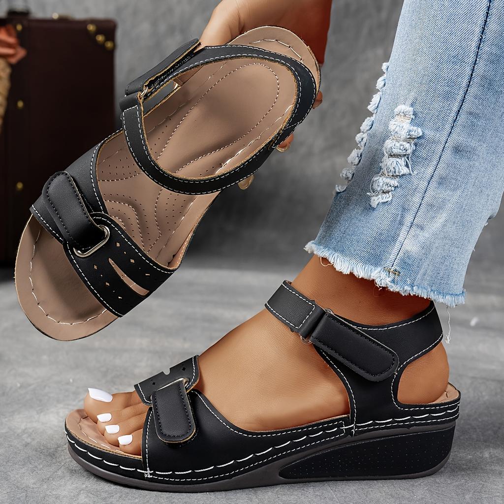 Women's Beige Wedge Sandals - Casual Open-Toe with Comfortable Ankle Strap, Suitable for Summer, Women's Sandals