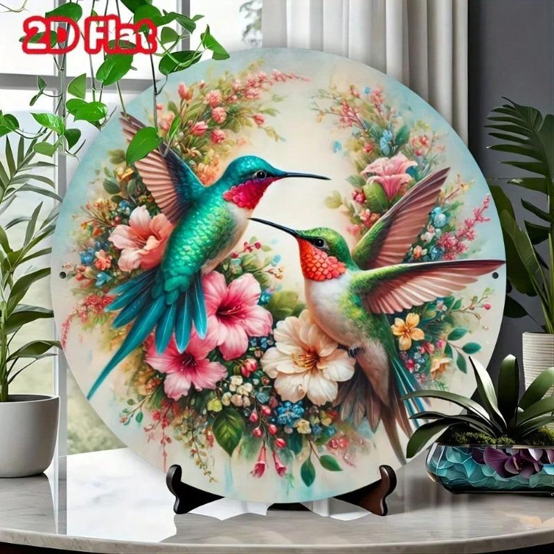 Vintage Hummingbird Floral Metal Wall Art Round Sign Home Office Decor
