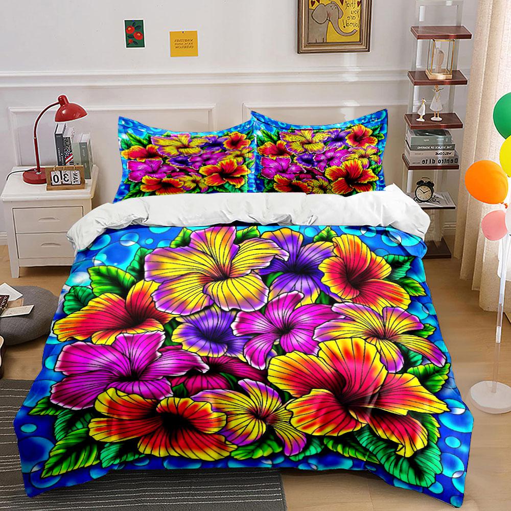 Colorful Hibiscus Flower Pattern. Bedding Sets Duvet Cover Sets Duvet Covers Pillowcases(1*Duvet Cover 2*Pillowcases Without Duvet Insert)