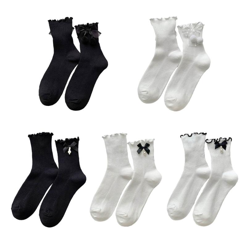 Fashion Harajuku Middle Tube Frilly Socks Women Girls School Student Cute Pearls Bowknot Ruffke Trim Cotton Ankle Socks
