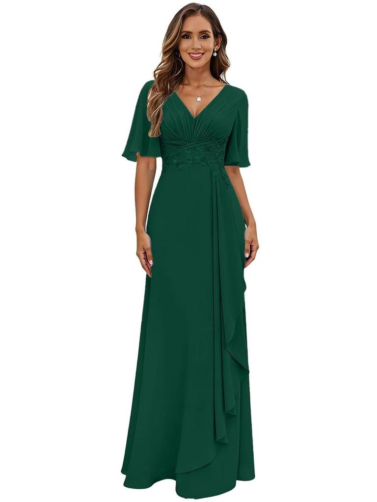 Evening Dress 1011 New V-neck Pleated Long Chiffon Party Dress Skirt Slim Swing Wedding