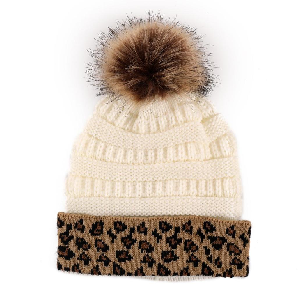 Herbst Winter Damen Verdickte Wärme Gestrickte Wolle Leopardenflor Hut