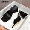 Fashion Eilyken Summer CRYSTAL Triangle Thick Heel Slippers Sexy Street Woman Square Toes Dress Party Shoes Size 35-41