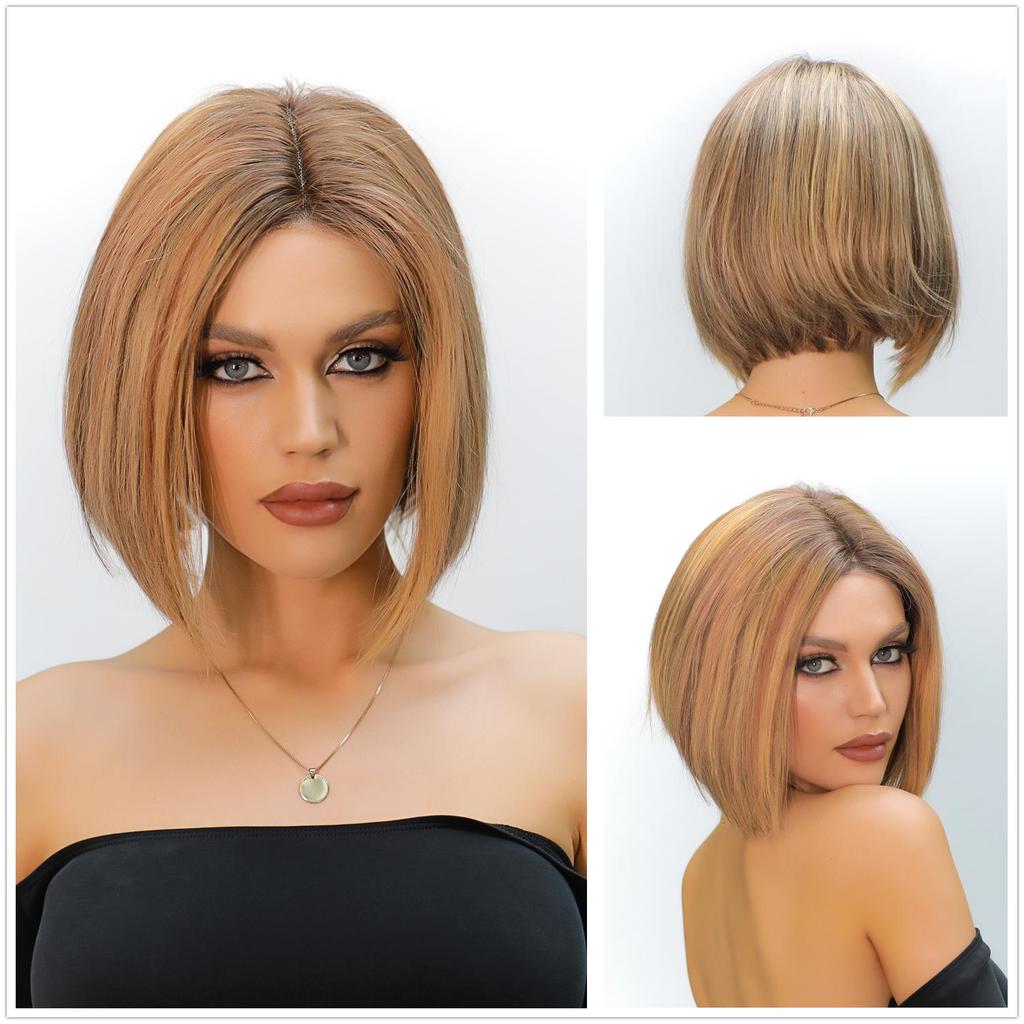 HAIRCUBE 100% Remy Human Hair Wig Highlights Blonde Human Hair Wigs for White Women 13x1 Lace Frontal Wigs Natural Brown Straight Bob Wig