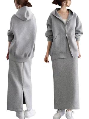 Chiengmat Zipper Sweatshirt Hoodie Jacket and Skirt for Spring and and Outings Women's 2-Piece Set, Hooded, Casual, Stylish, Autumn, Outdoors,