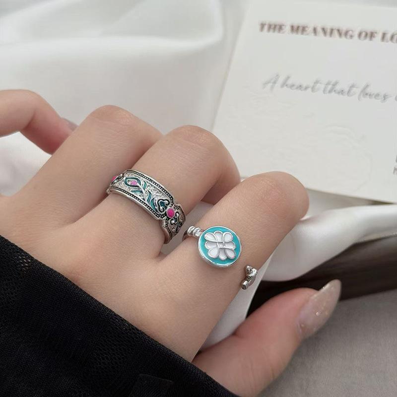 Ethnic Style Retro Enamel Phoenix Feather Open Ring Niche Design Key High-End Sense Stacking Wearing Index Finger Ring Woman