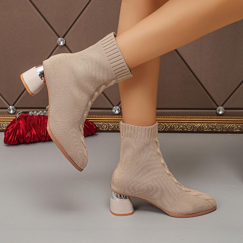 Fashion Women 2025 New Fashion Elegant Knitted Stretch Fabric Ankle Boots Spring Autumn Pointed Square Heels Sewing Chelsea Boots Women