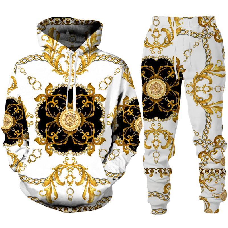 Luxury Golden Floral Print Men's 2 Piece Outfit Retro Baroque Pattern Hoodie/Pants/Set Hip Hop Streetwear Men/Women Jogging Suit