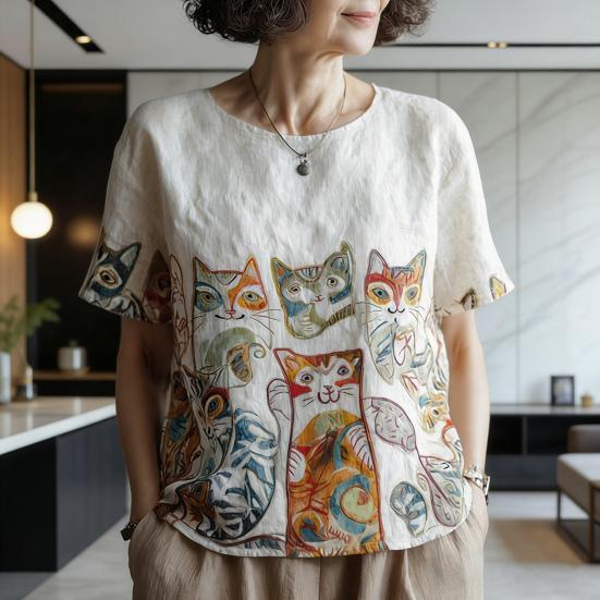 Topuri de damă Gât rotund Mânecă scurtă Imprimeu floral retro Artă Pulover Topuri Croială largă Material moale Casual Cămașă de vară