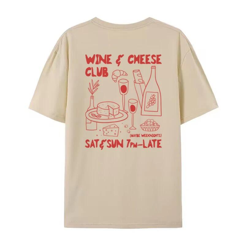 Retro Style Wine Cheese Club Graphic Tees Women Cute Funny Food Lover T Shirt Loose Vintage Streetwear Tshirt Unisex Fashion Top