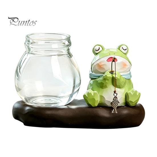 Modern Desktop Plant Holder Leisure Fishing Frog/Cat/Panda/Bear Statue Ornaments, Clear Mini Vases Miniature Small Indoor Pots for Desk Cute Figurines