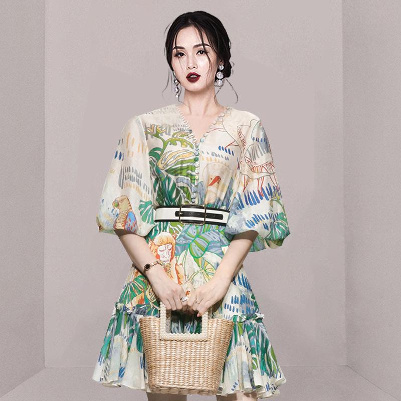Elegant 2024 Retro Lantern Sleeve Print Dress for Women