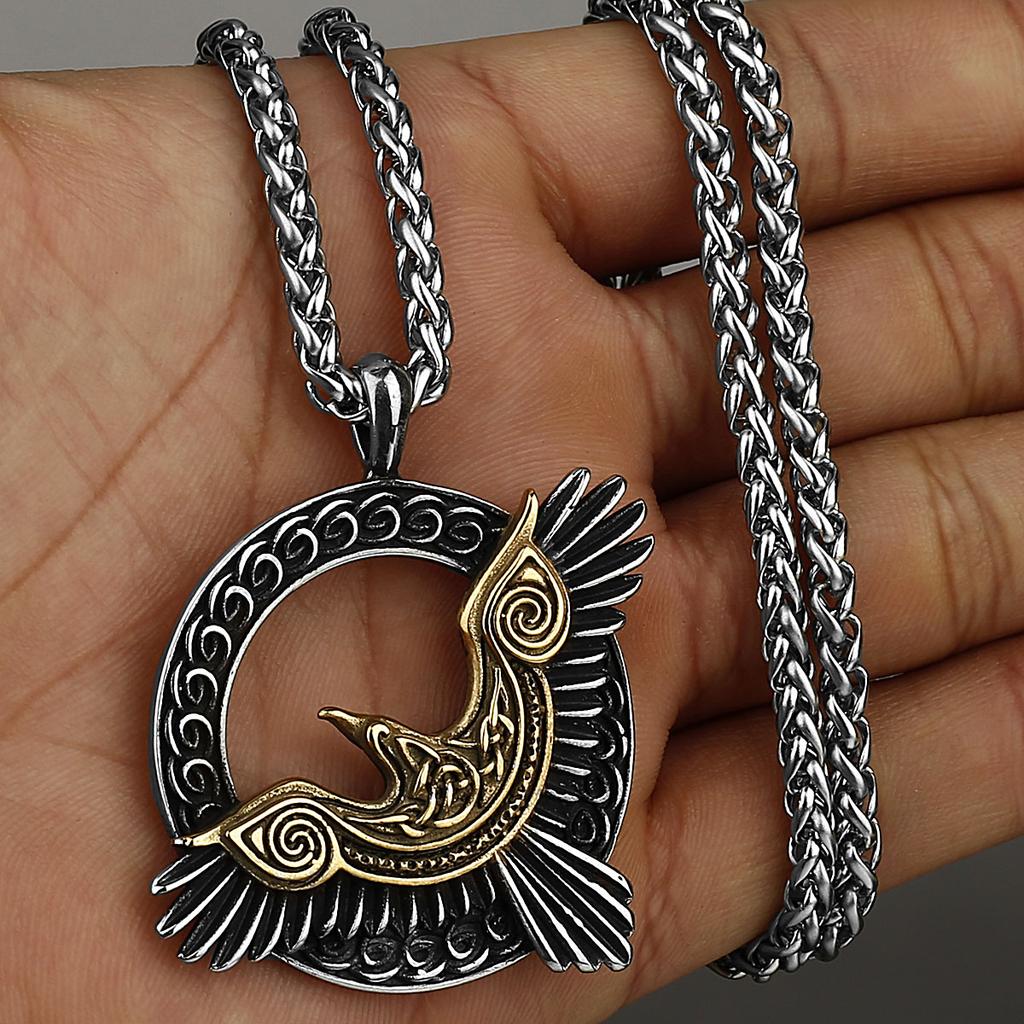 Vikingatriangel Odin Korpar Huginn och Muninn Halsband Amulett Rostfritt Stål Hänge Herr Mode Smycken Gåva
