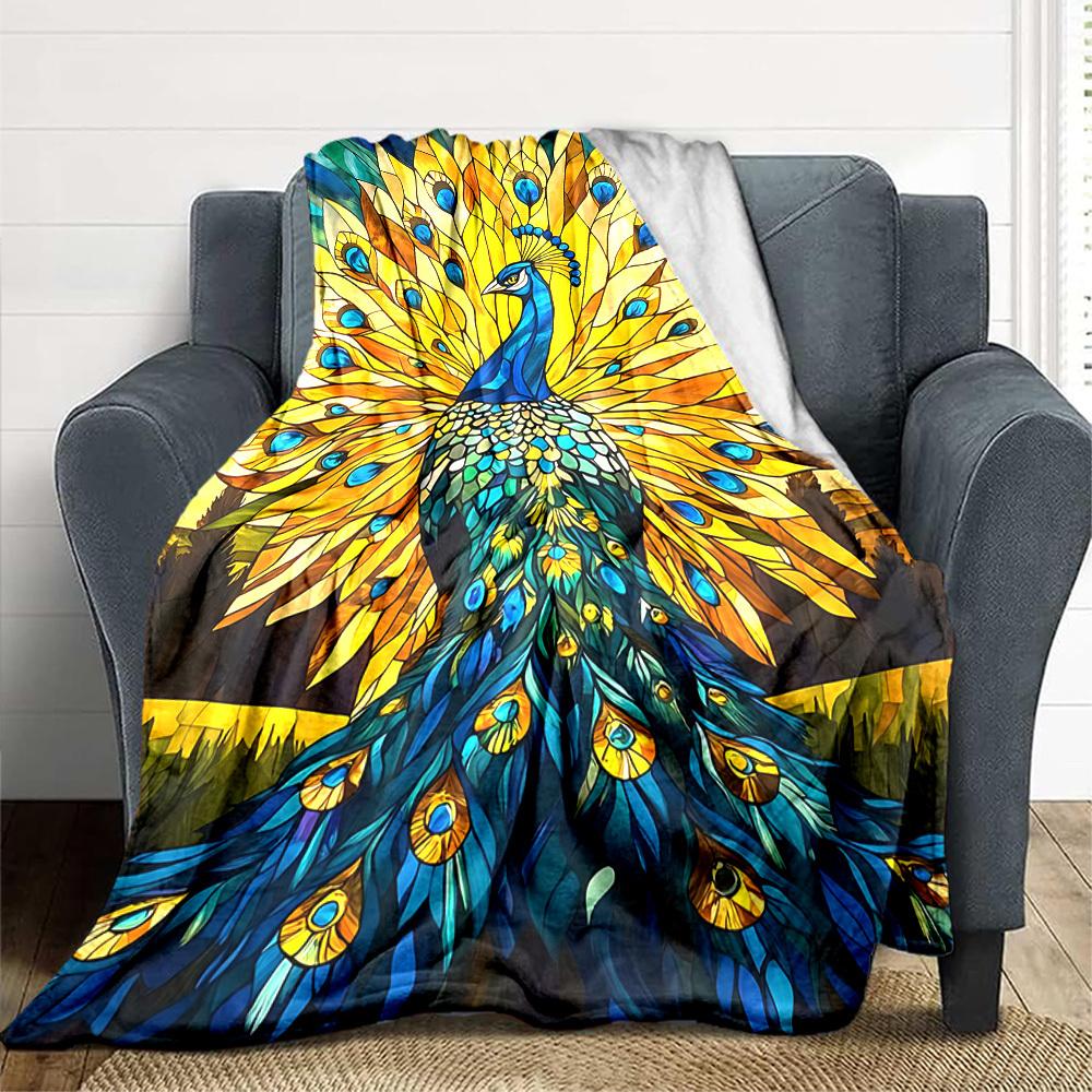 1pc Peacock StainedGlass Lightweight Flannel Blanket, Comfortable and Warm Blanket, for Office and Camping Sofa Bed, Livingroom177