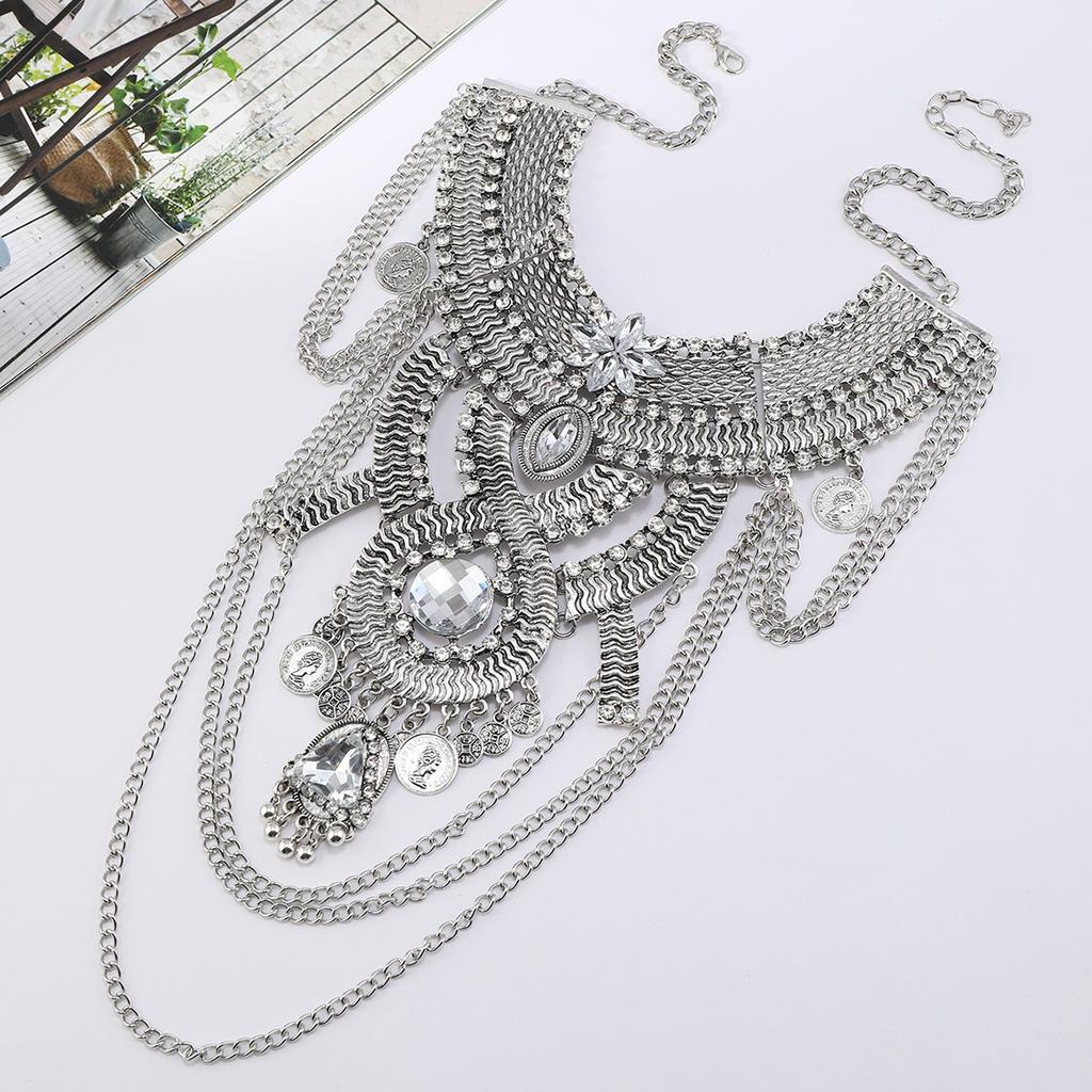 Retro Engraved 8-character Large Exaggerated Tassel Multi-layer Diamond-encrusted Necklace Women's Casual Party Short Collar