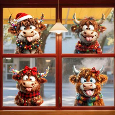 4Pcs/Set Christmas Highland Cow Window Cling Removable Waterproof Santa Hat Highland Cattle Static Glass Sticker Holiday Party Decoration Decal