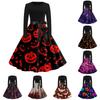 Women's Casual Long Sleeve Fit and Flare Dress Round Neck Halloween Print Full Skirt Midi Dress with Waist Tie Belt