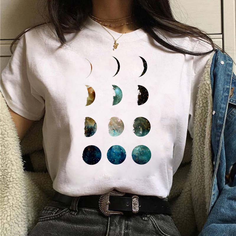 Cosmic Planet Pattern Printed T-shirt Women's Retro Short-sleeved Blouse Casual Fashion Suitable for Daily Clothing