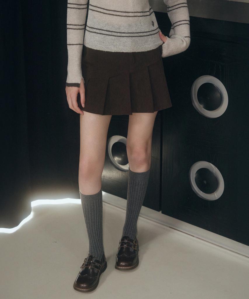 Ledeoli Mellow Pleated Corduroy Skirt [Brown]